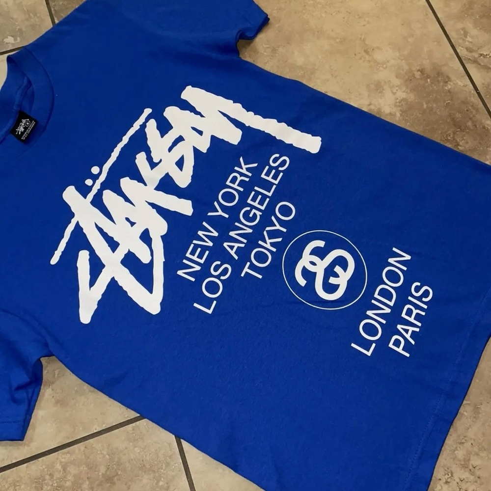 Stussy World Tour Tee T-shirt Royal Blue Size Small - Picture 2 of 4